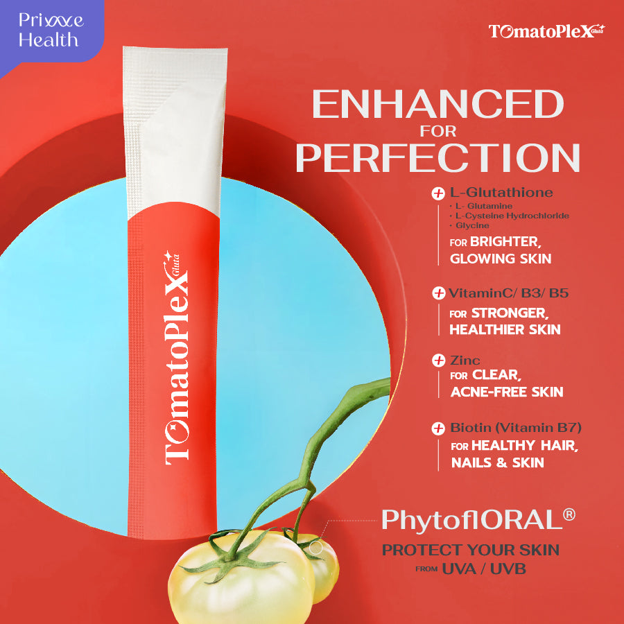 Tomato Plex Gluta Plus วิตามินผิว รูปแบบผงพร้อมทาน บรรจุ 14 ซอง/กล่อง